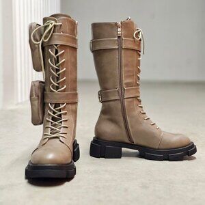 Lace-Up Utility Combat Boots With Side Pouches Chunky Soles And Side Zippers In